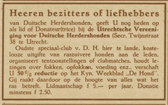 717198 Advertentie van de Utrechtsche Vereeniging voor Duitsche Herdershonden, secretariaat Twijnstraat 38 te Utrecht, ...